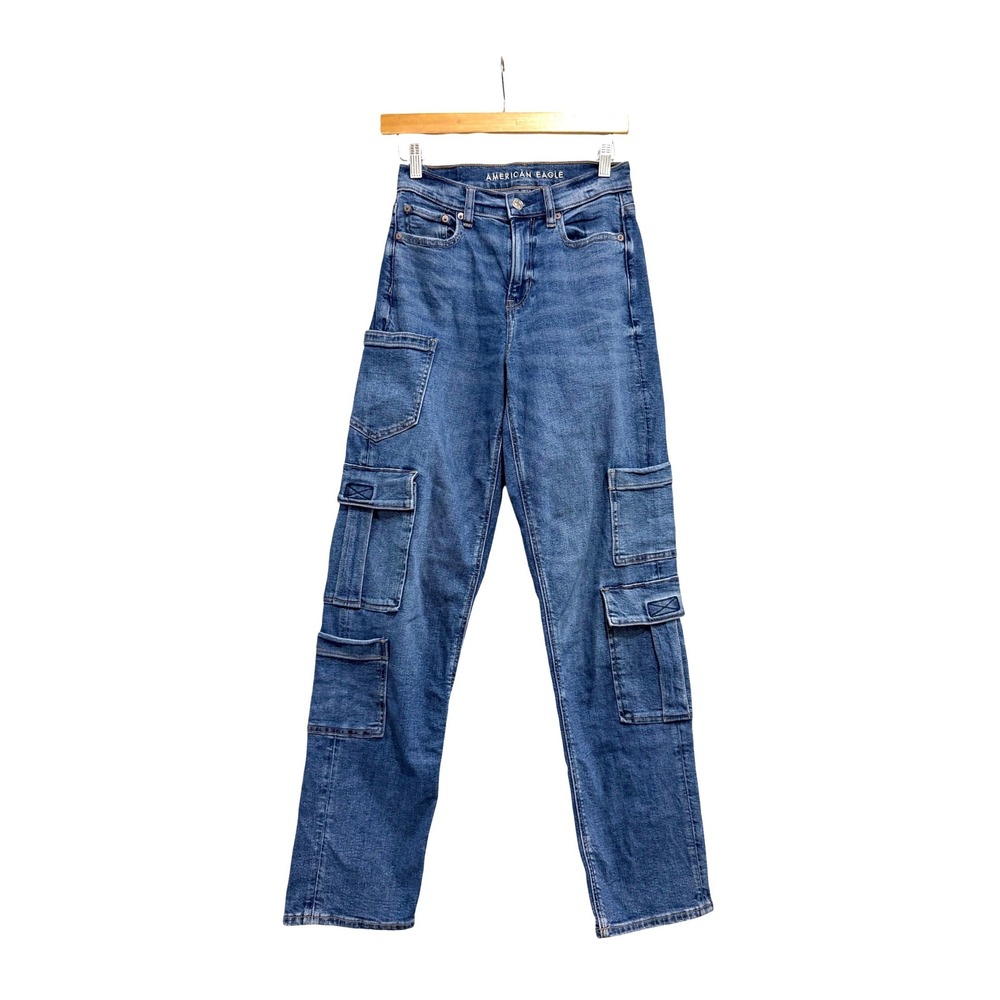 American Eagle Super High-Rise Baggy Straight Cargo Jeans Medium Wash Blue 0
